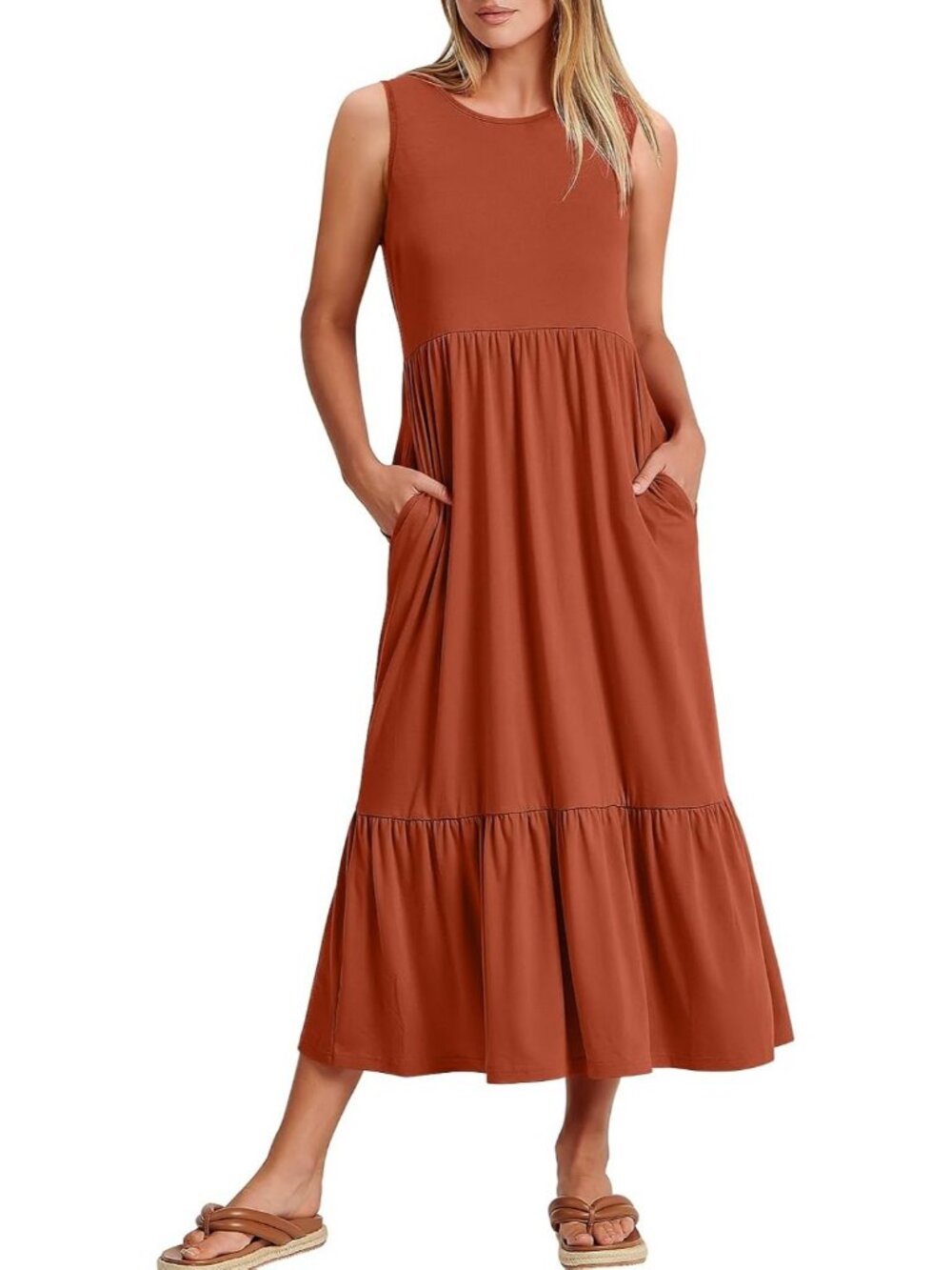 Women's Brick Red Crewneck Summer Sleeveless Sundress Aline Flowy Tiered Maxi